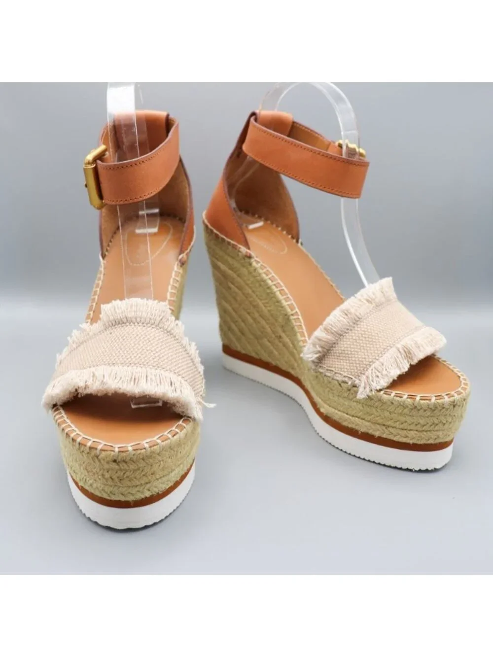 See By Chloé Glyn Frayed Canvas & Leather Espadrille Wedges 39 / US 9